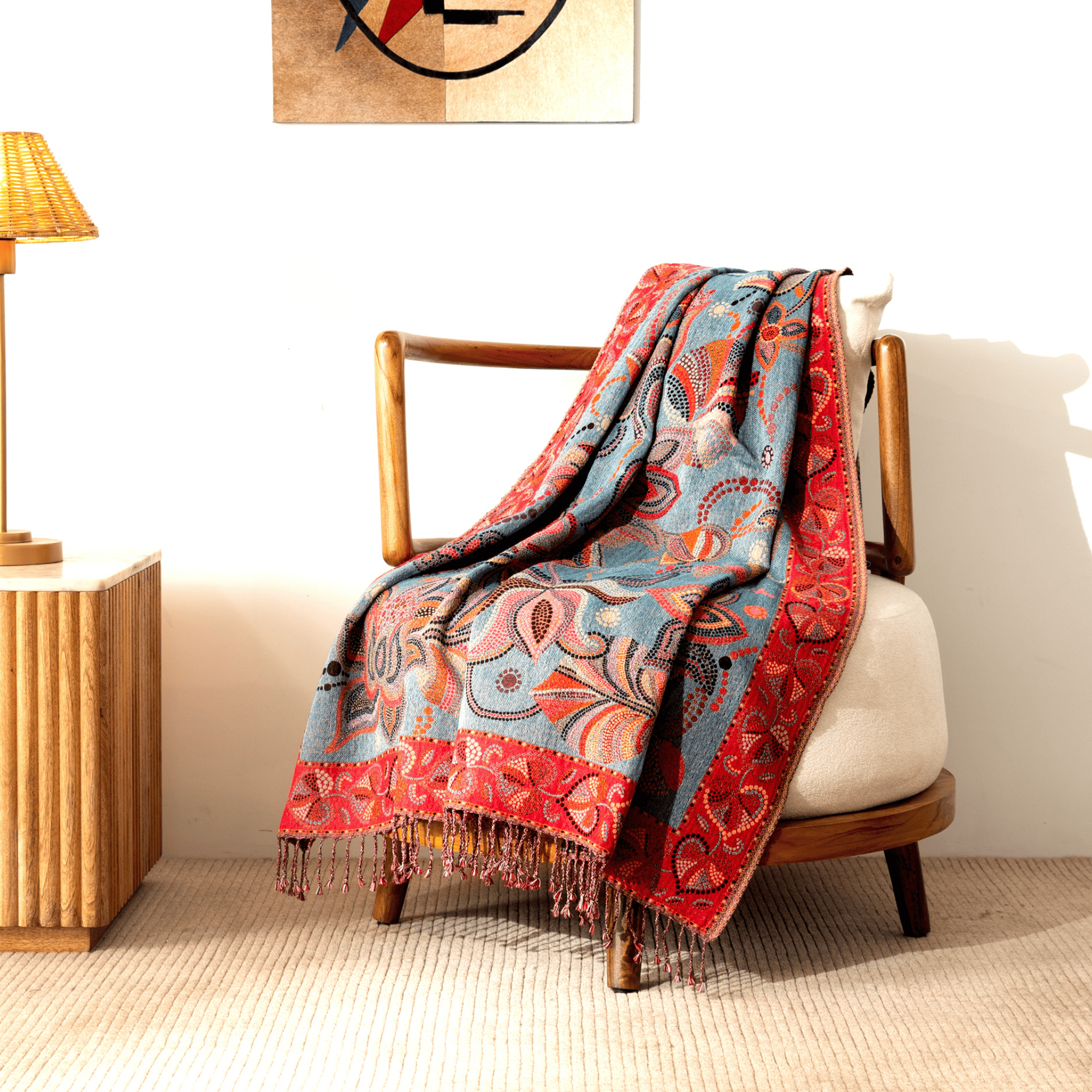 Multicolor Pure Cotton & Woollen Throw Blanket | Luxury Sofa Throw for Living Room & Bedroom | Artistic Home Decor Accent