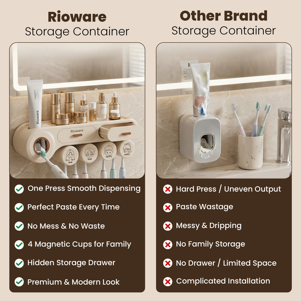 Wall Mounted Toothbrush Storage Holder | Mounted Organizer Plastic Brush Stand | Bathroom Accessories Set Toothpaste Dispenser | Built-in Drawer- Cream