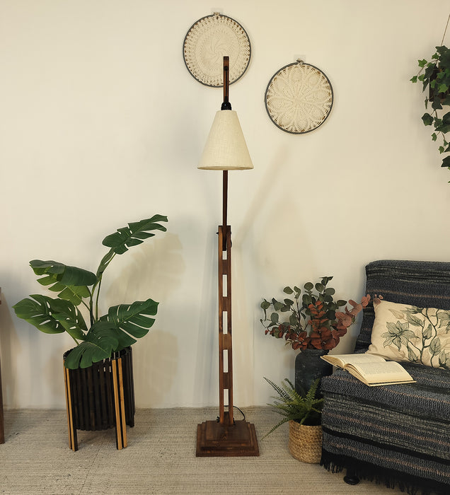 Fisher Wooden Floor Lamp with Brown Base and Jute Fabric Lampshade