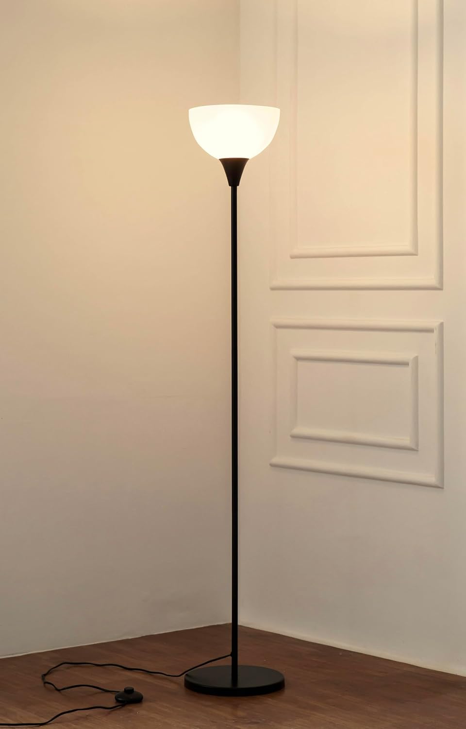 Uplighter Black Polished Floor Lamp for Living Room with Frosted Glass Lampshade
