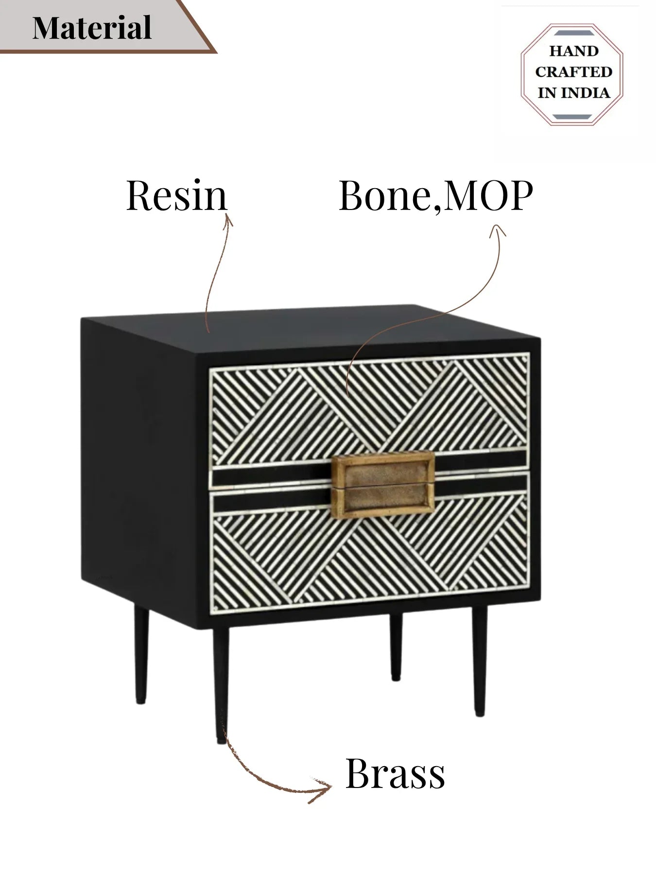 Inlay Tribal Bedside Table with Legs - Chevron