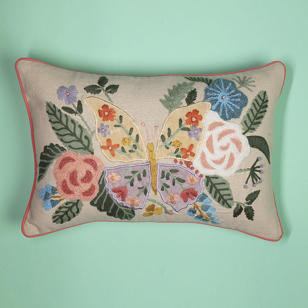 Hand Embroidered Cotton Cushion Cover | Floral Appliqué Pillow Cover | Decorative Sofa Cushion Cover