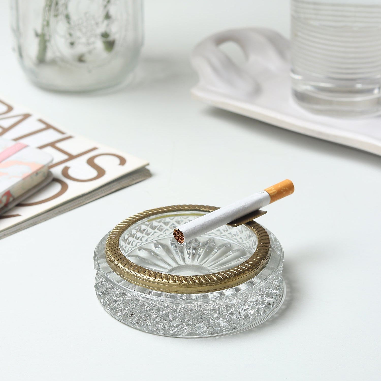 Luxury Crystal Ashtray with Brass Accent | Decorative Ashtray for Home Décor