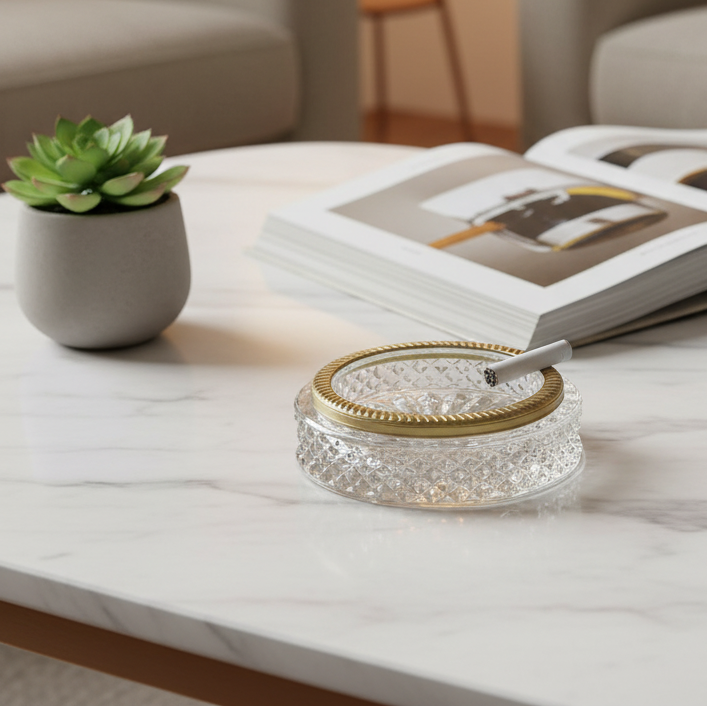 Luxury Crystal Ashtray with Brass Accent | Decorative Ashtray for Home Décor