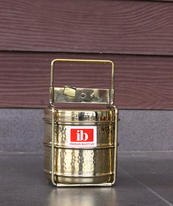 Golden Pure Brass Tiffin Box With Hammered Design For Office School & Travelling