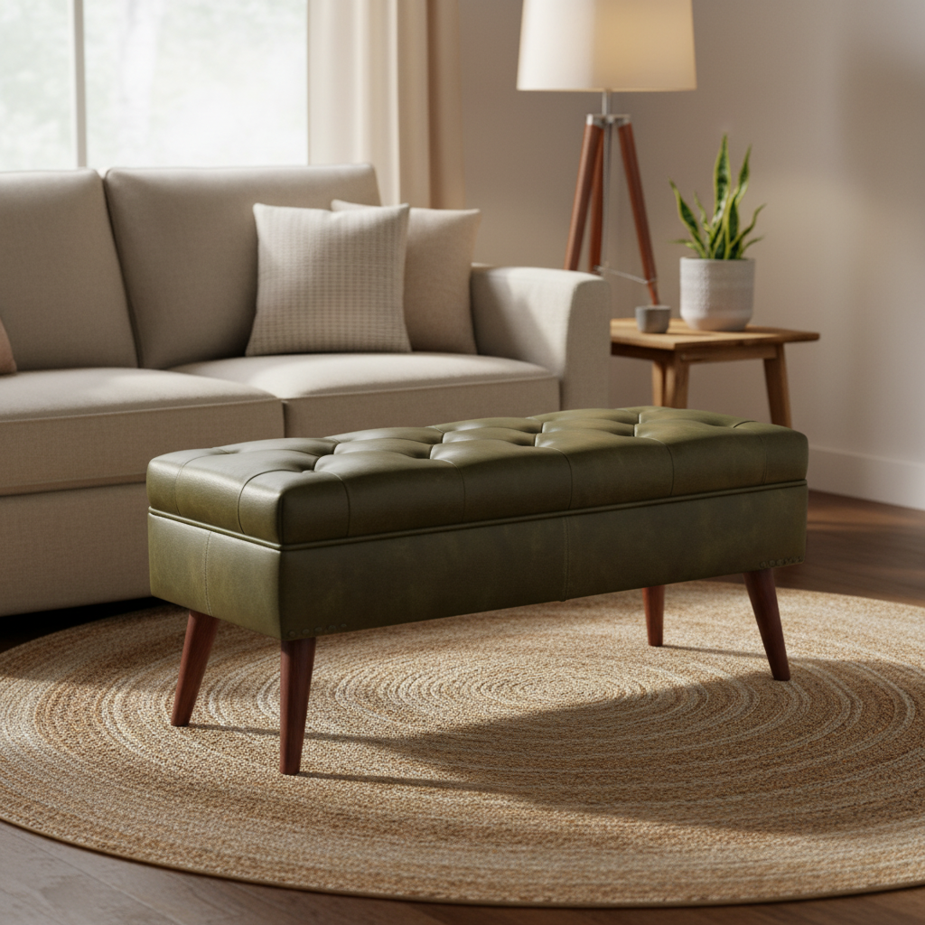 Harbour Solid Mango Wood Upholstered Bench | Olive Green Leather Bench for Entryway, Bedroom & Living Room