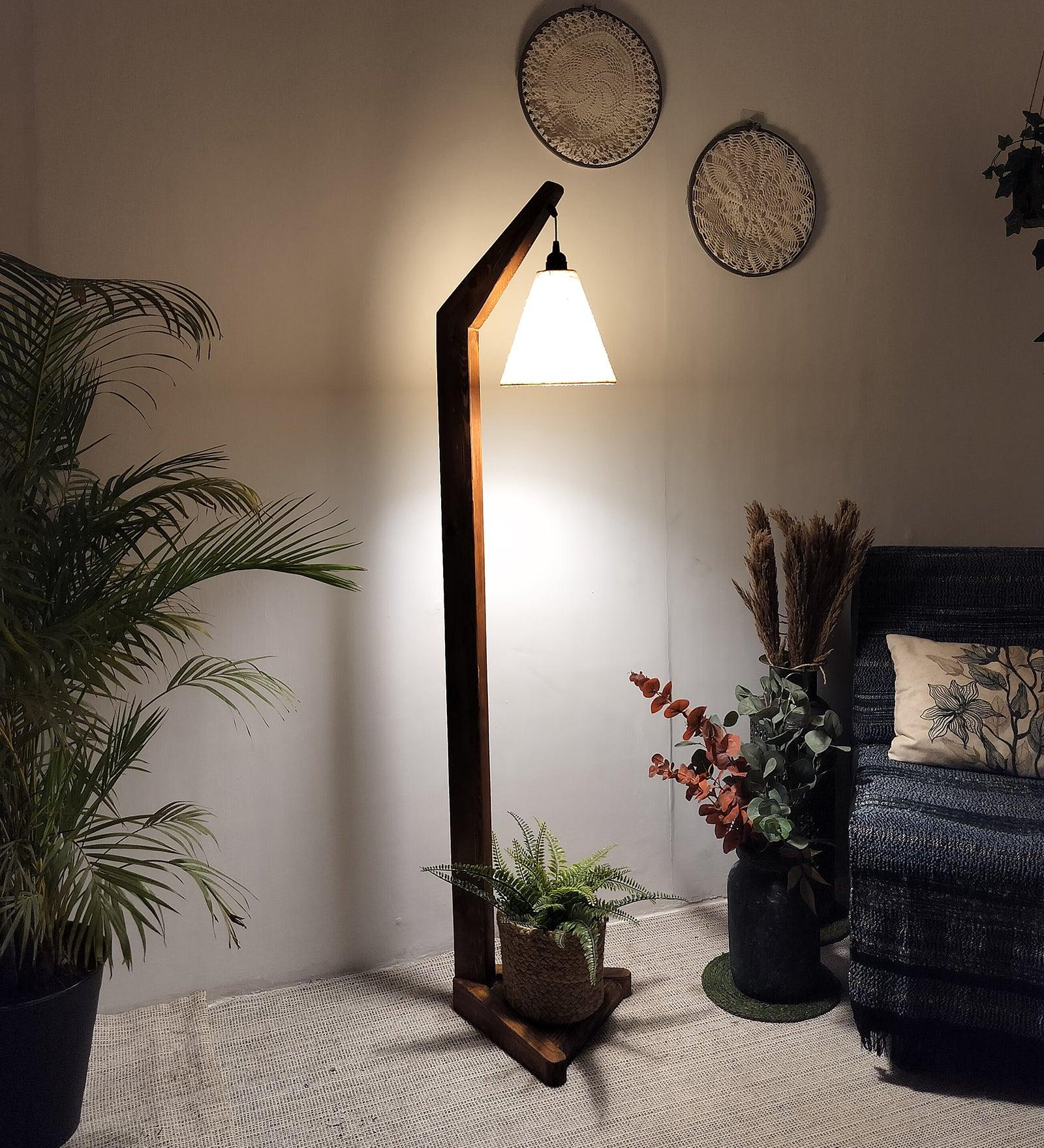 Charles Wooden Floor Lamp with Brown Base and Jute Fabric Lampshade