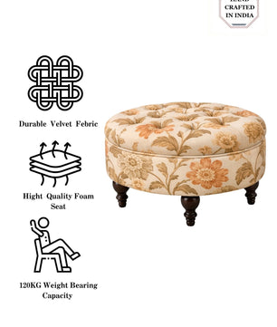 Miyabi Floral Velvet Round Ottoman with Sagwan Wood