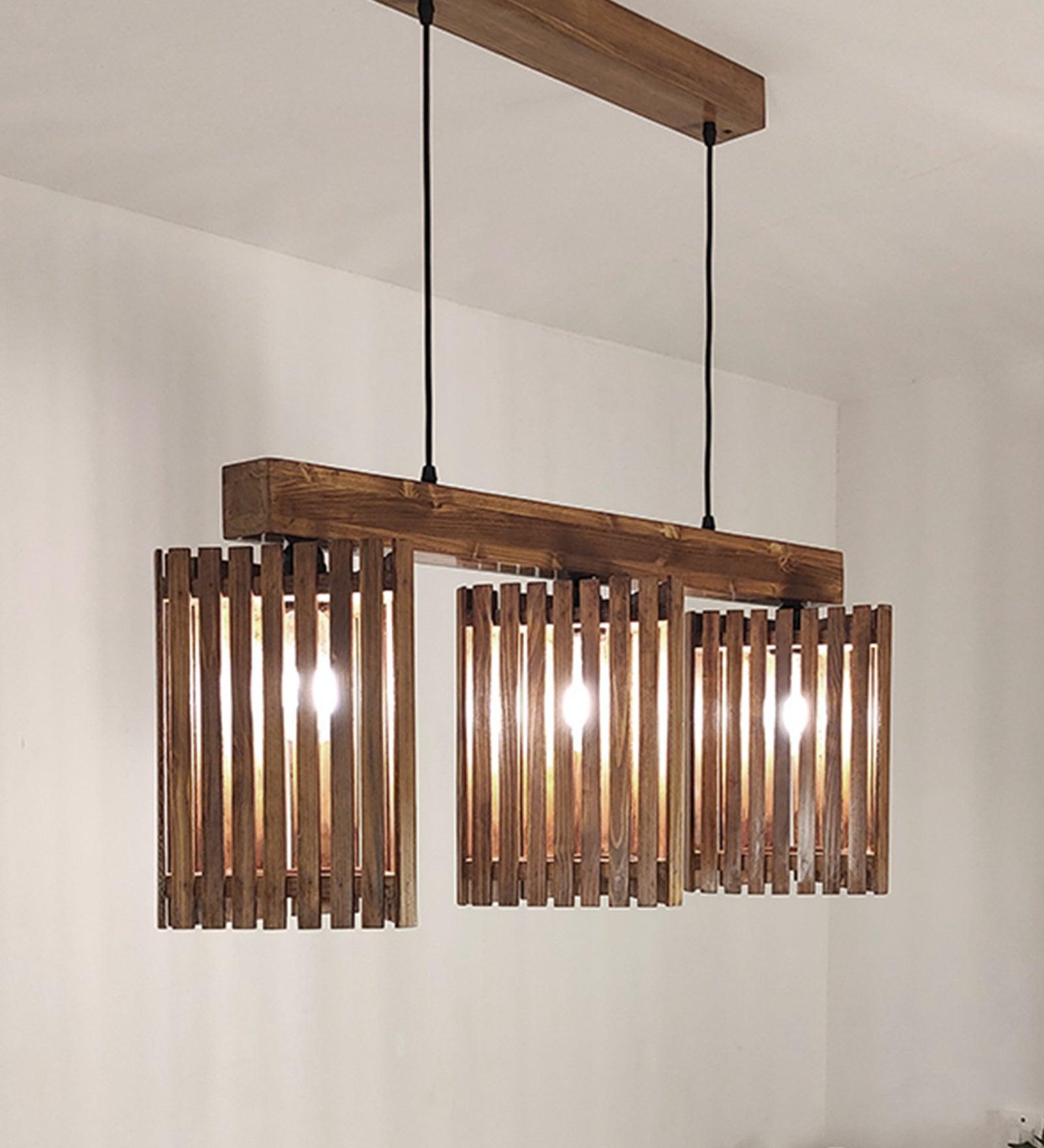 Trikona Brown Wooden 3 Series Hanging Lamp