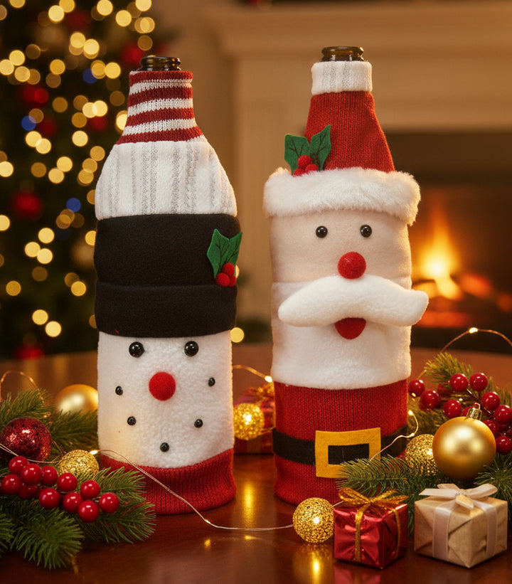 Christmas Wine Bottle Covers – Santa, Snowman & Reindeer Knitted Gift Wraps- Set of 2