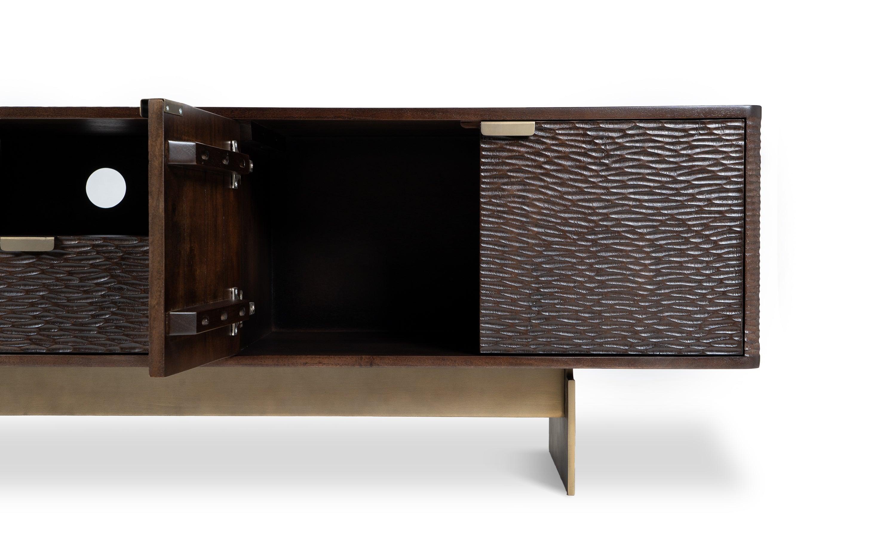 Sculpt TV Unit | Acacia Wood, Stainless Steel, and Brass