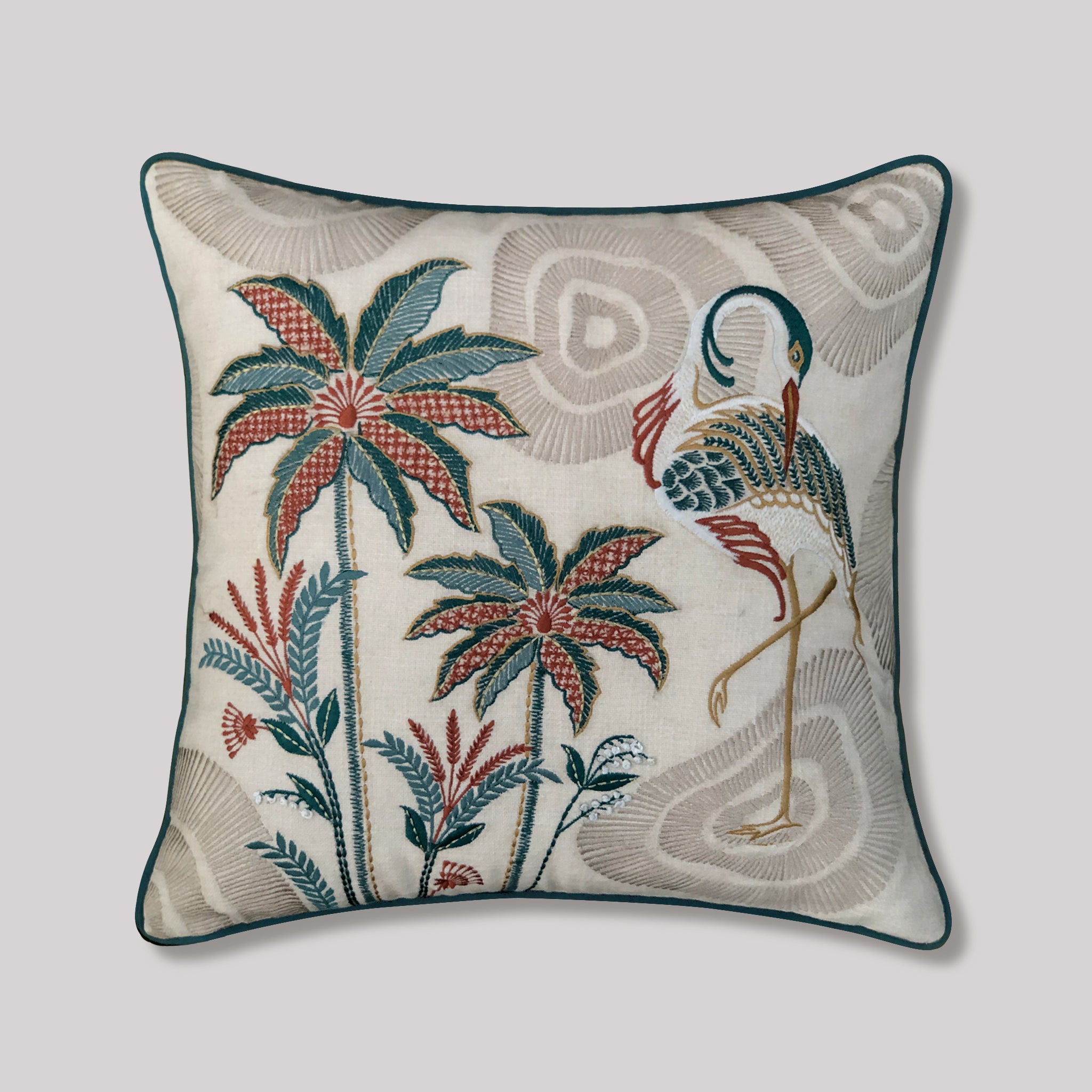 Palmettos & Plumage Embroidery Cushion Cover - Beige