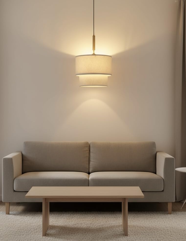 Double Beige Cotton Fabric Pendant Hanging Light Antique Brass Finish for Home Decoration, Restaurants, Cafes