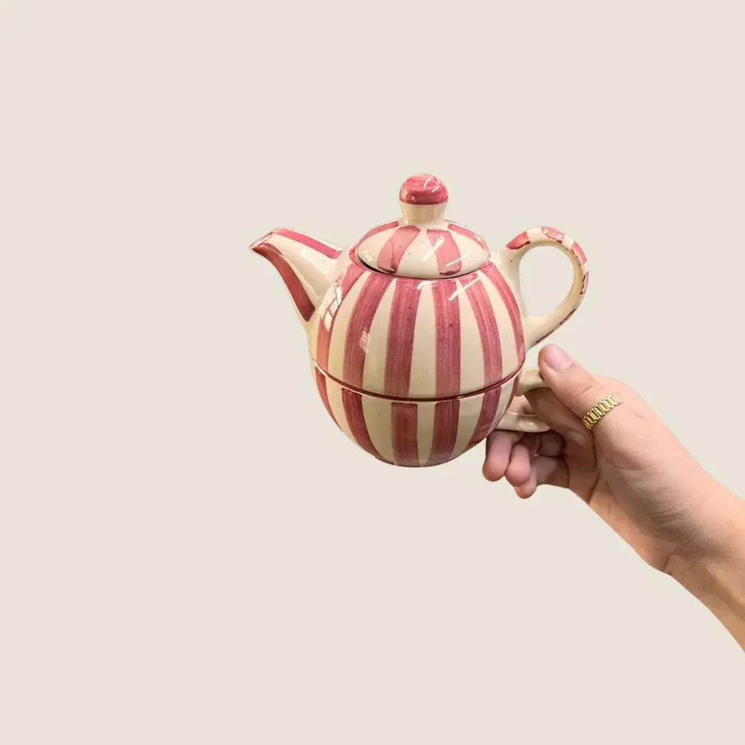 Handmade Ceramic Striped Tea Pot and Cup Set | Stoneware for Tea Lovers