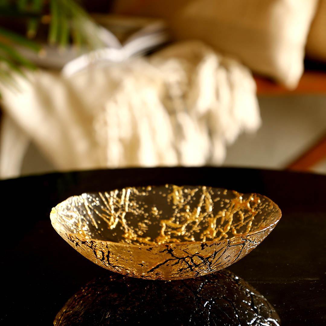Flavia Designer Gold Decorative Serving Bowl | Glass Bowl for Dining & Home Décor
