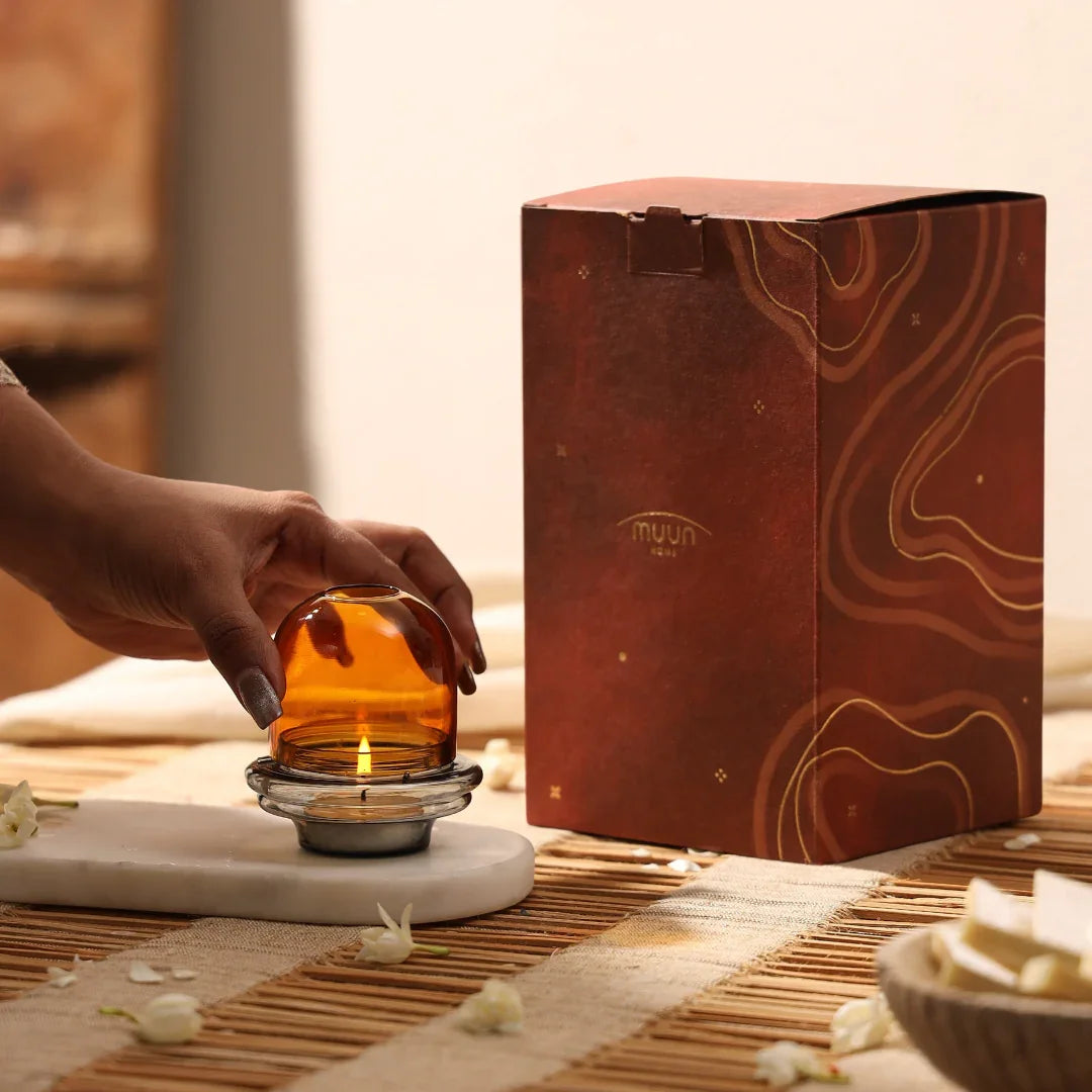 Muun Dome Tealight Holder | Borosilicate Glass Candle Holder Set in Amber & Teal Color - Set of 2