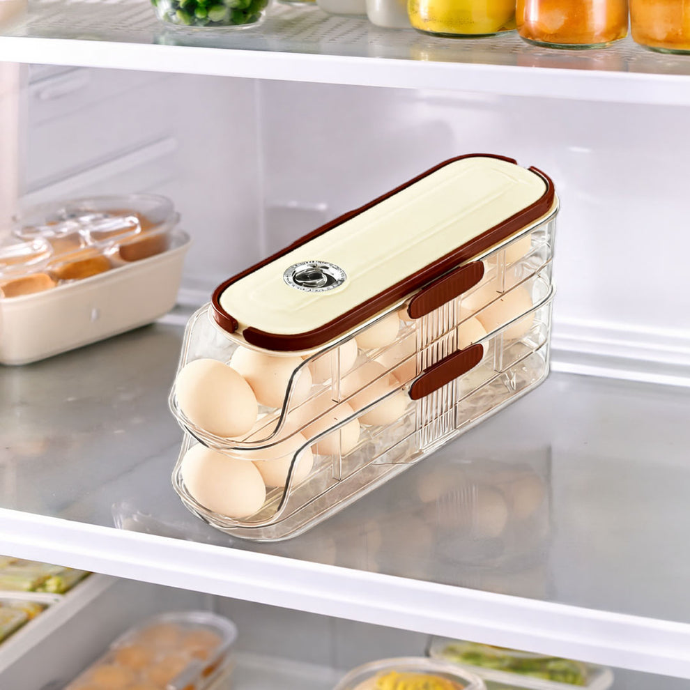 Egg Holder with Auto Rolling Design | Transparent Fridge Egg Dispenser Storage Organizer | Unbreakable, Space Saving Egg Container for Refrigerator Kitchen (2-Tier- Dubble Side)