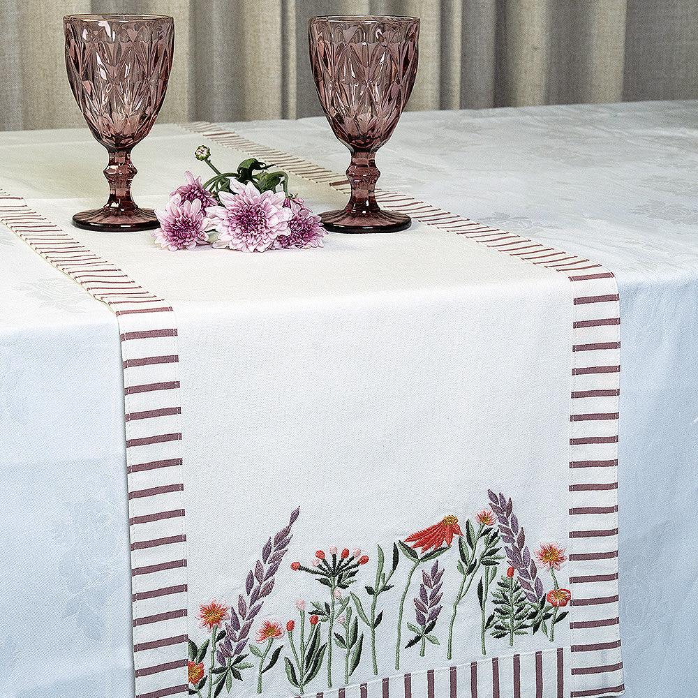 Spring Fields Dining Table Runner | Hand Embroidered Cotton Table Runner with Printed Border