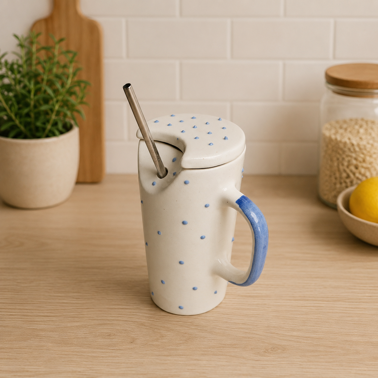 Azure Ceramic Sipper with Steel Straw