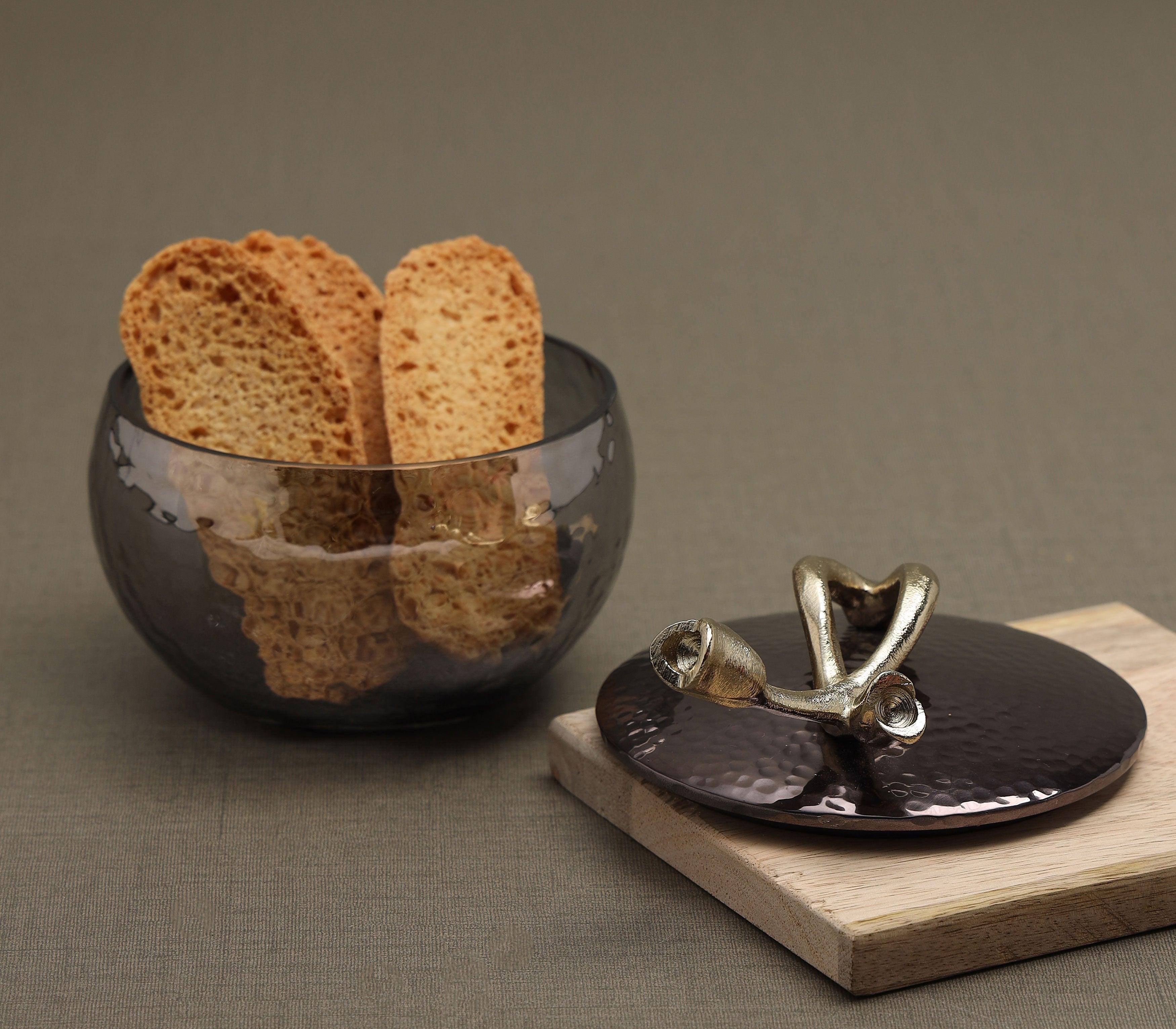 Tulip Jar | Gold Finished, Black Nickel Plated and Hammered  with Textured Black Luster Glass