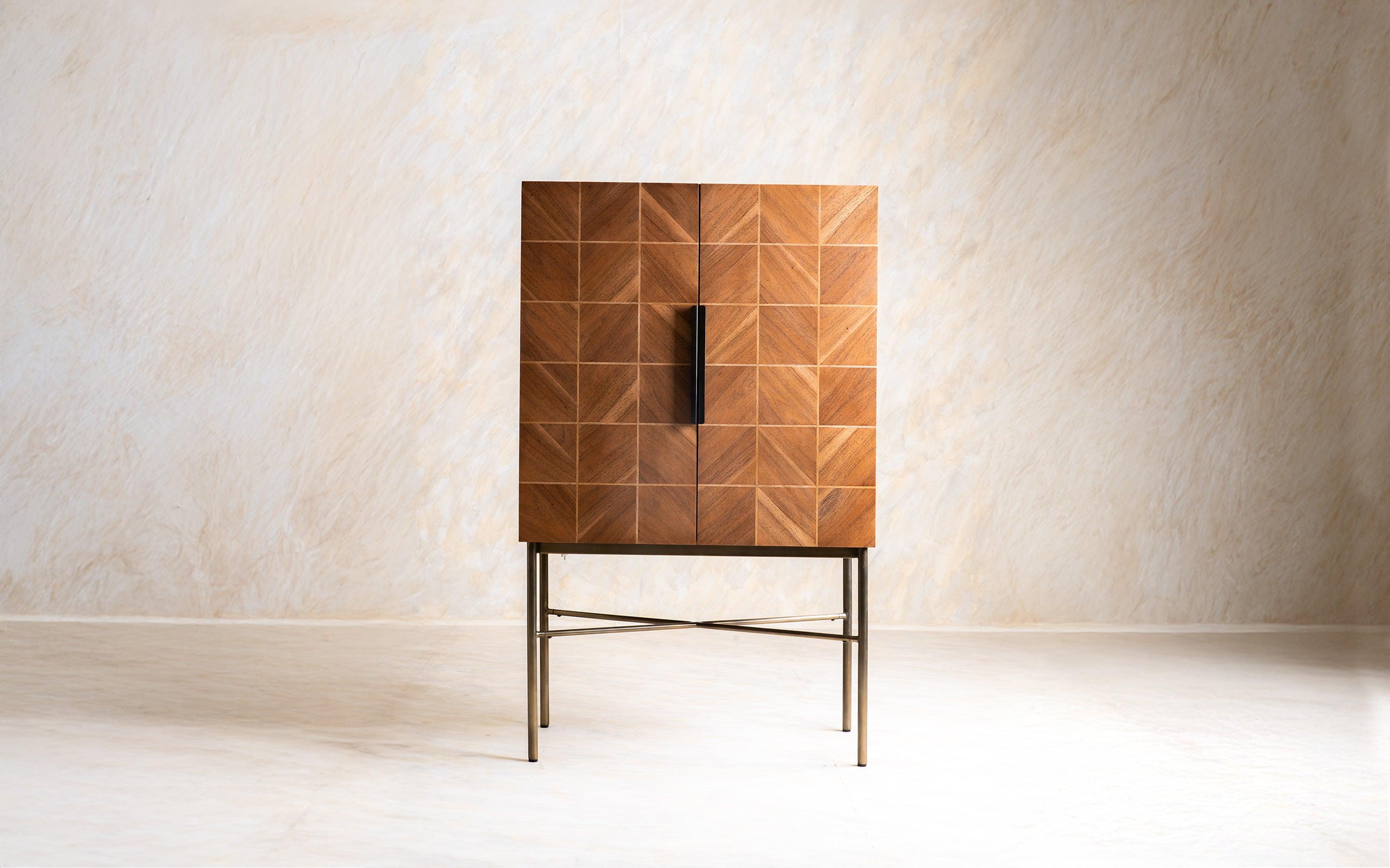 Arrow Bar Unit | Acacia Wood, Veneer, Stainless Steel, Mirror, and Oak Wood