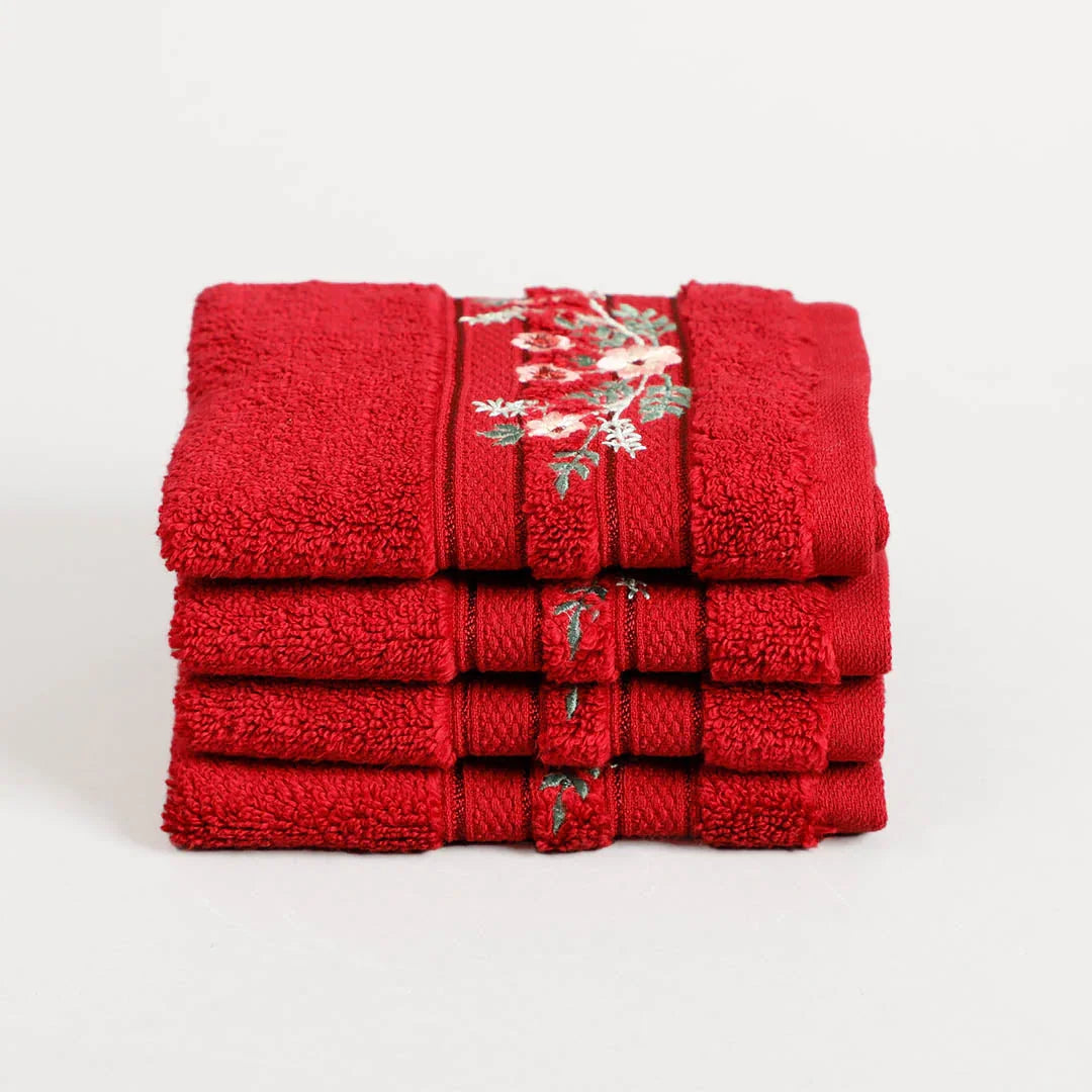 Aracelli Embroidered Maroon Face Towel Set Of 4