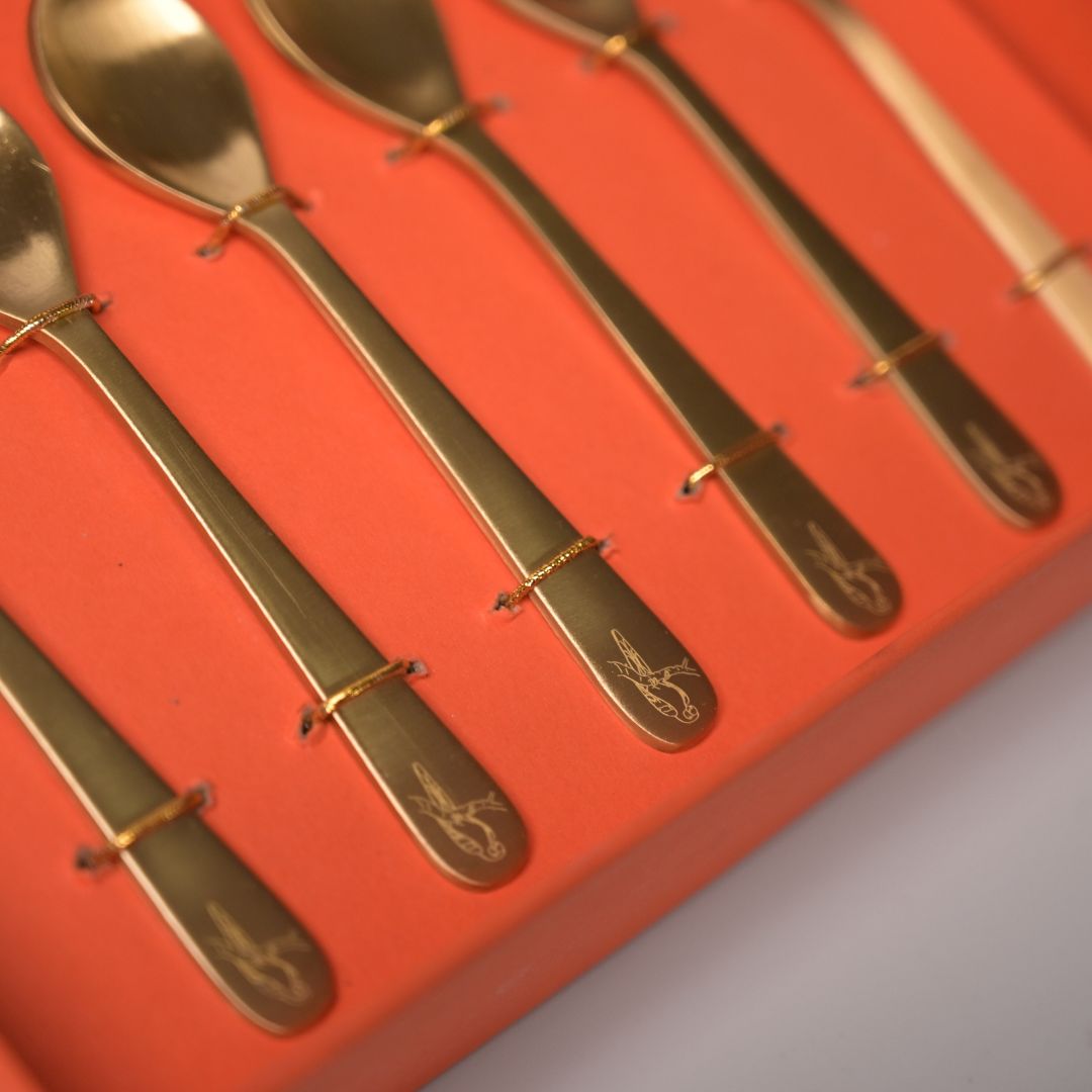 Pure Brass Dessert Spoons – Handcrafted Set of 6 with Engraved Bird Motif | Luxury Cutlery for Desserts, Tea & Gifting