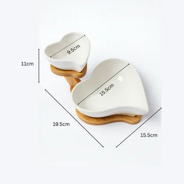 Heart Shaped Ceramic Bowl Set with Wooden Stand | Snack & Dip Server | Chips, Salsa & Dry Fruit Tray