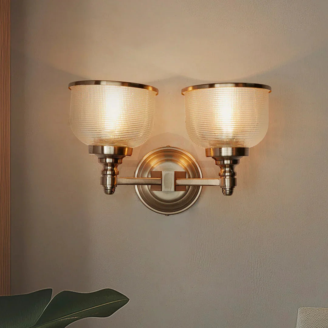 Rose Gold Double Wall Sconce with Rimmed Glass Shades