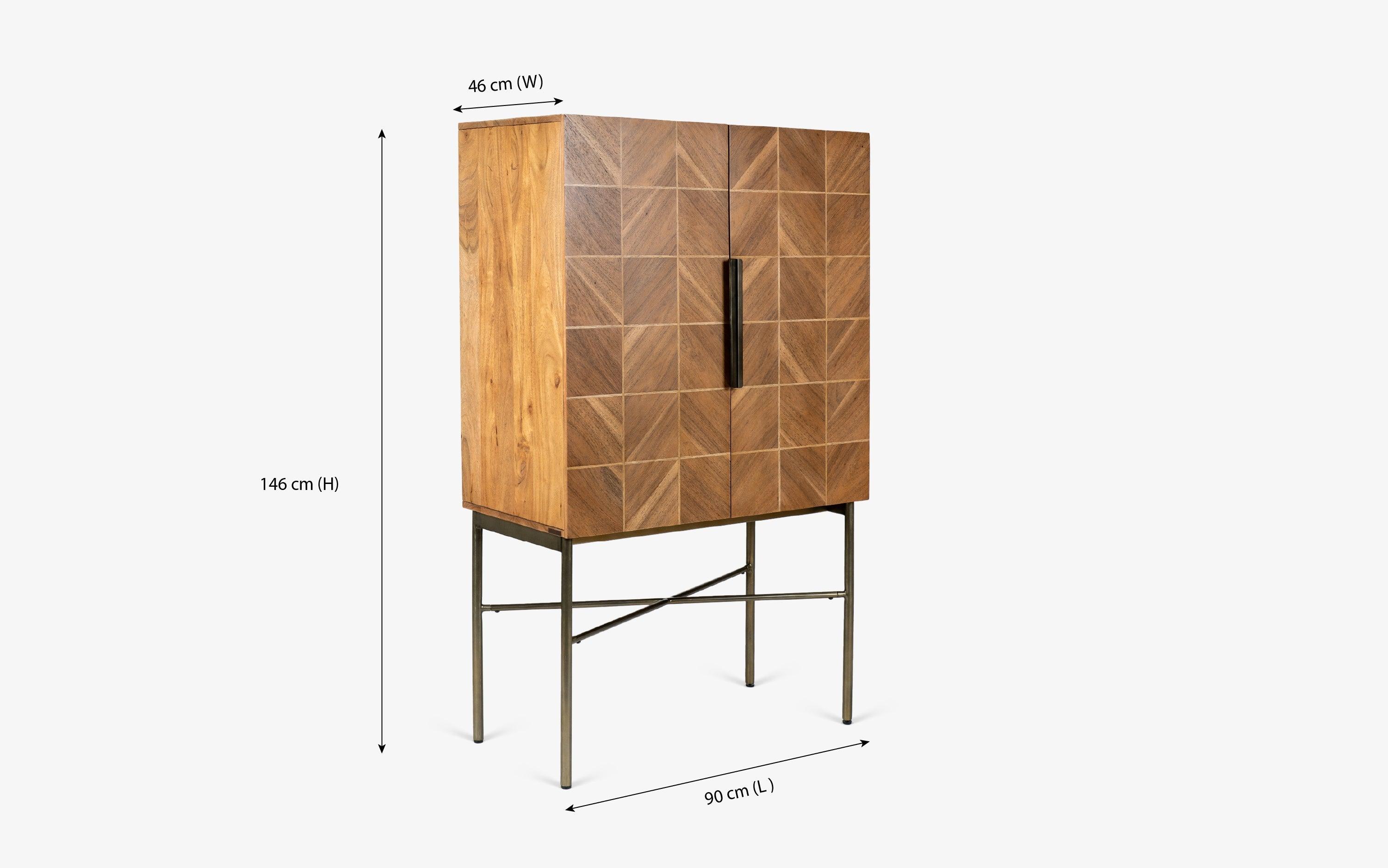 Arrow Bar Unit | Acacia Wood, Veneer, Stainless Steel, Mirror, and Oak Wood