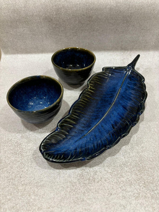 Royal Blue Leaf Platter & Bowls with Gift Box | Snack Serving Platter