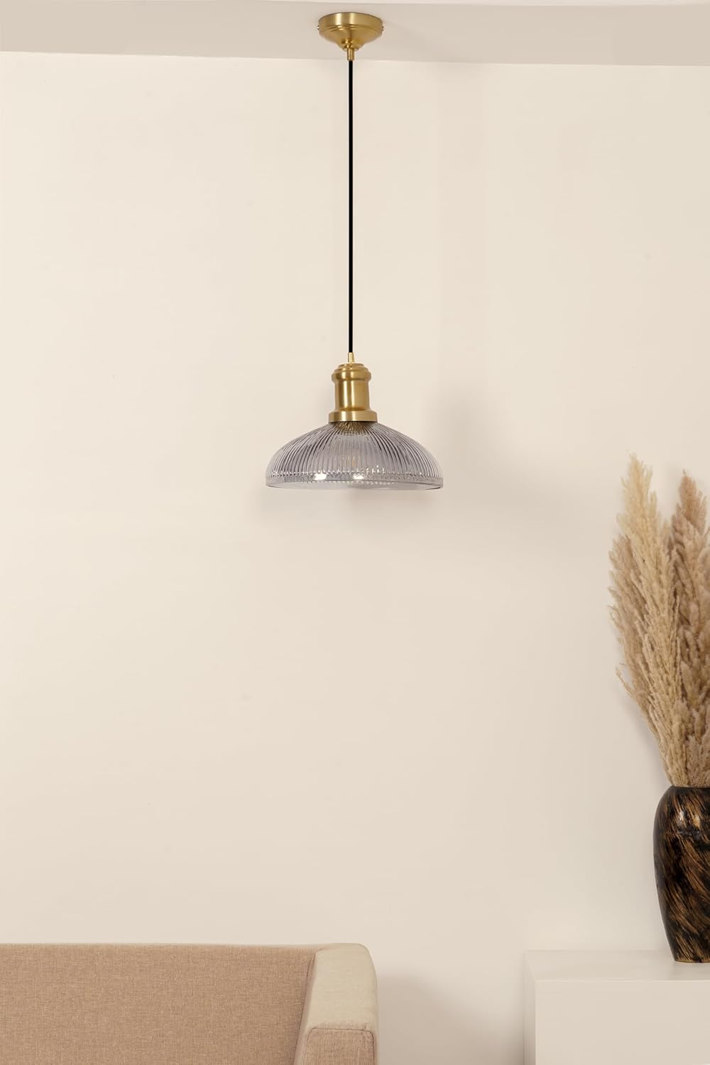Ribbed Grey Luster Glass Pendant Light with Antique Brass Finish for Living Room, Bedroom, Kitchen and Dining