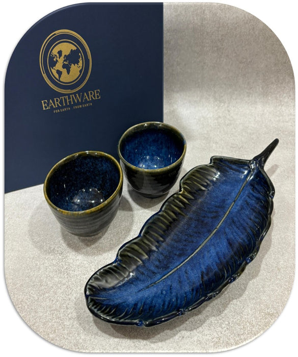 Royal Blue Leaf Platter & Bowls with Gift Box | Snack Serving Platter