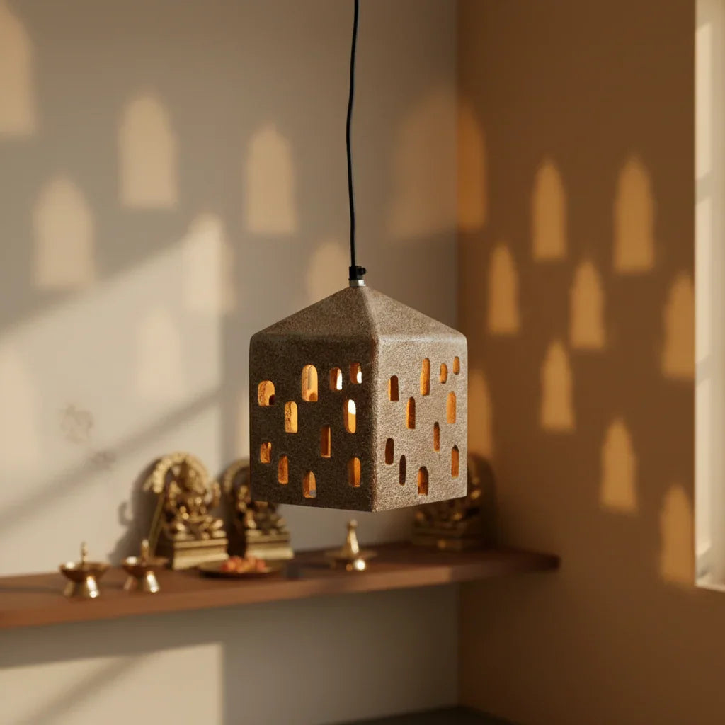 Flintstone Paper Mache Hanging Lamp | Rustic Pendant Light for Living Room & Dining