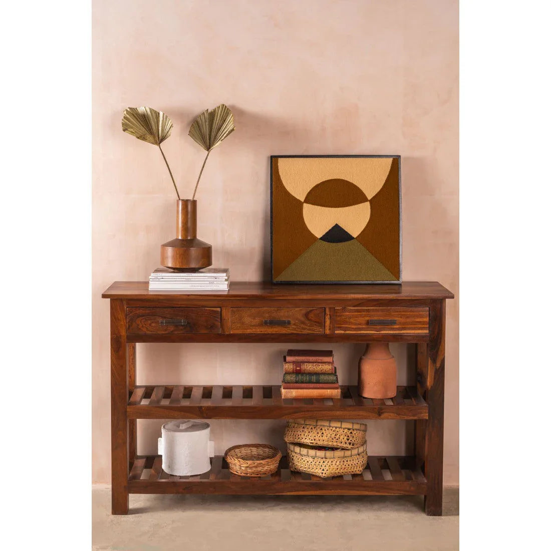 Stripped 3 Drawer Sheesham Wood Console Table In Honey Finish