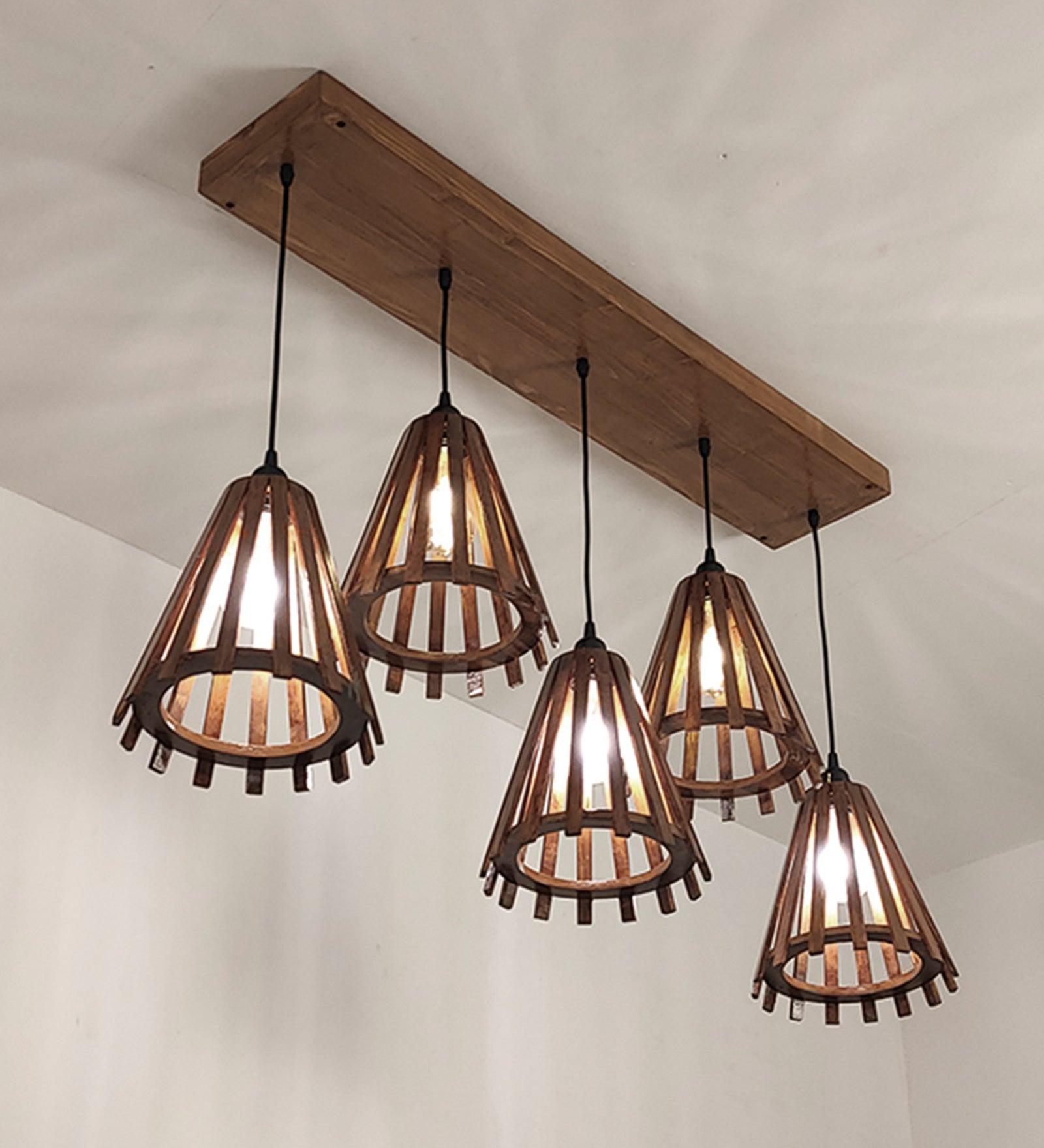Funnel Brown Wooden 5 Series Hanging Lamp