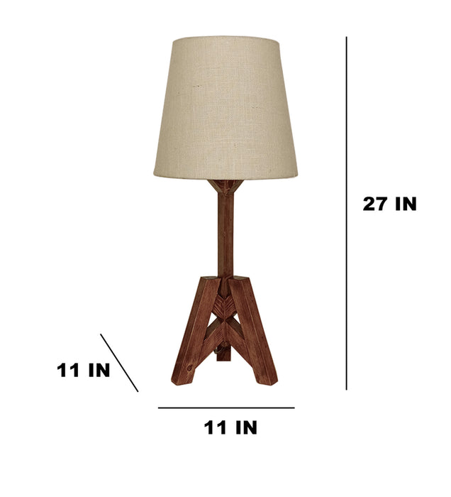 Troika Wooden Table Lamp with Brown Base and Premium White Fabric Lampshade