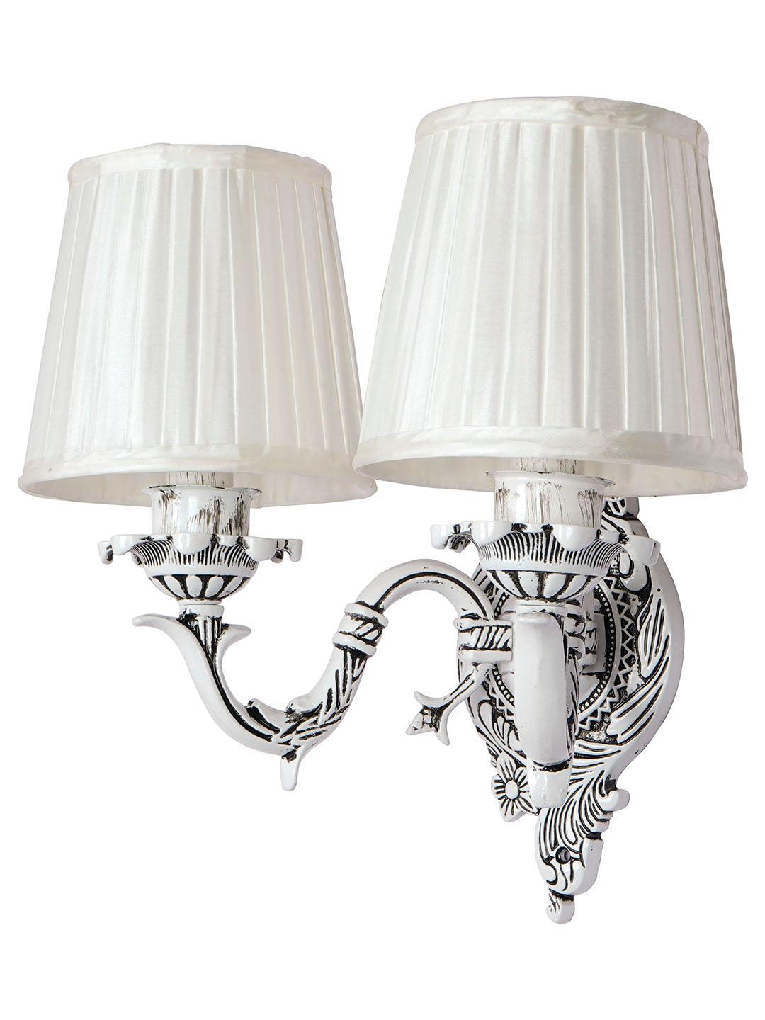 Traditional Swan Double Aluminium Wall Lamp in Antique White with Pleated Fabric Shades