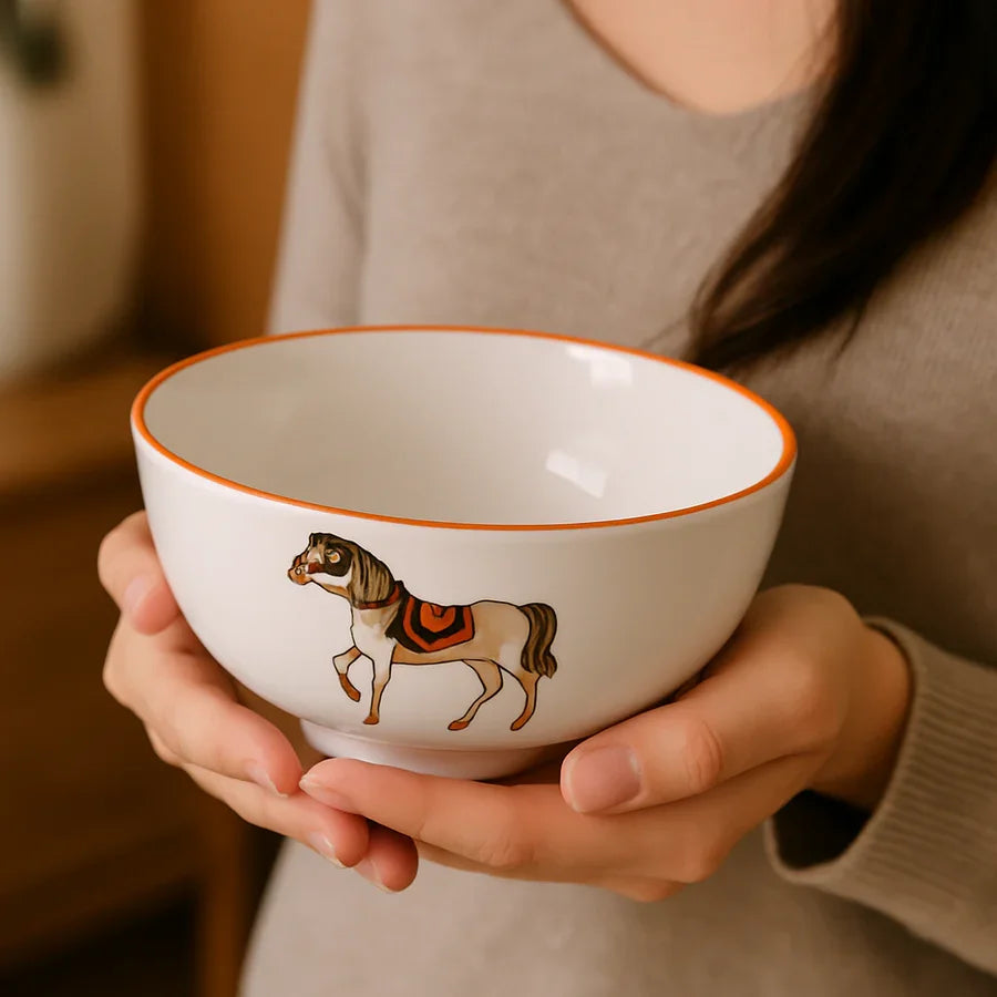 Ceramic Soup Bowl Set with Spoons | 4 Bowls & 4 Soup Spoons | Horse Print Design | Elegant Gift Box for Dining & Gifting
