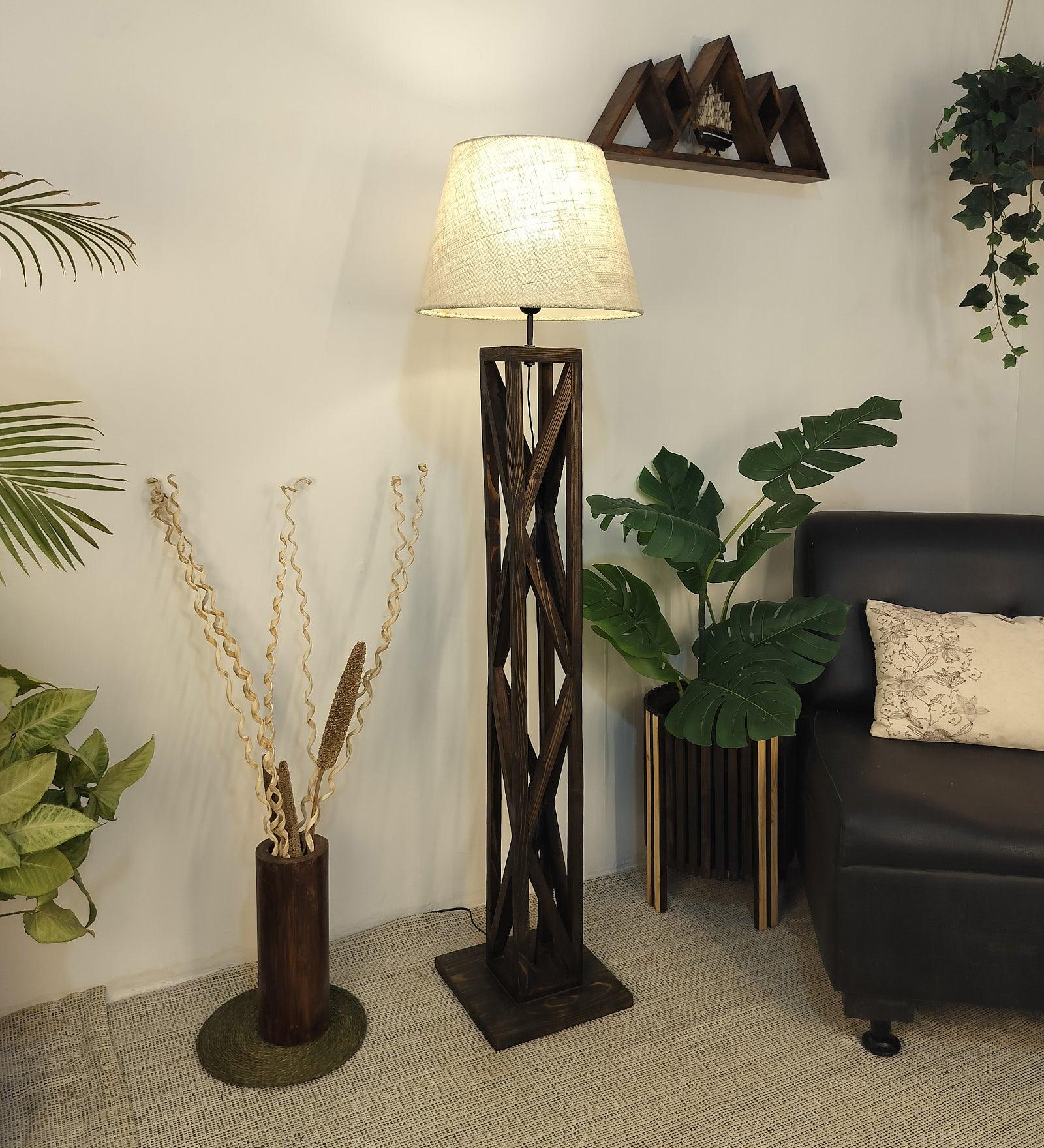 Symmetric Wooden Floor Lamp with Premium Beige Fabric Lampshade