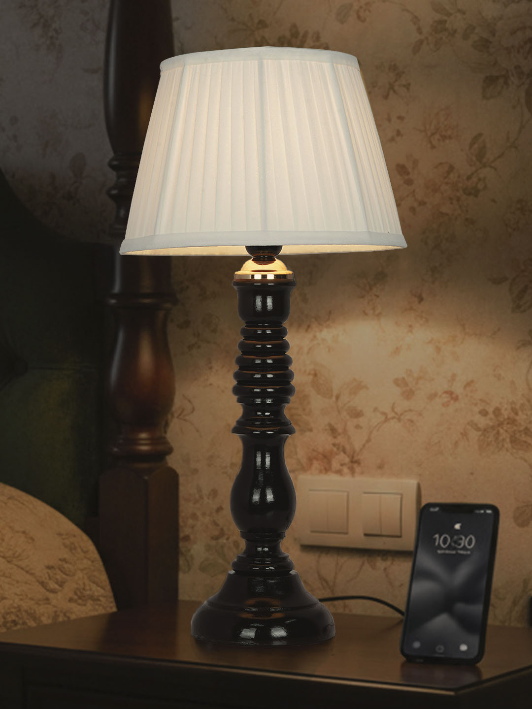 Transitional Wooden Table Lamp | Black Finish with Pleated Chiffon Shade
