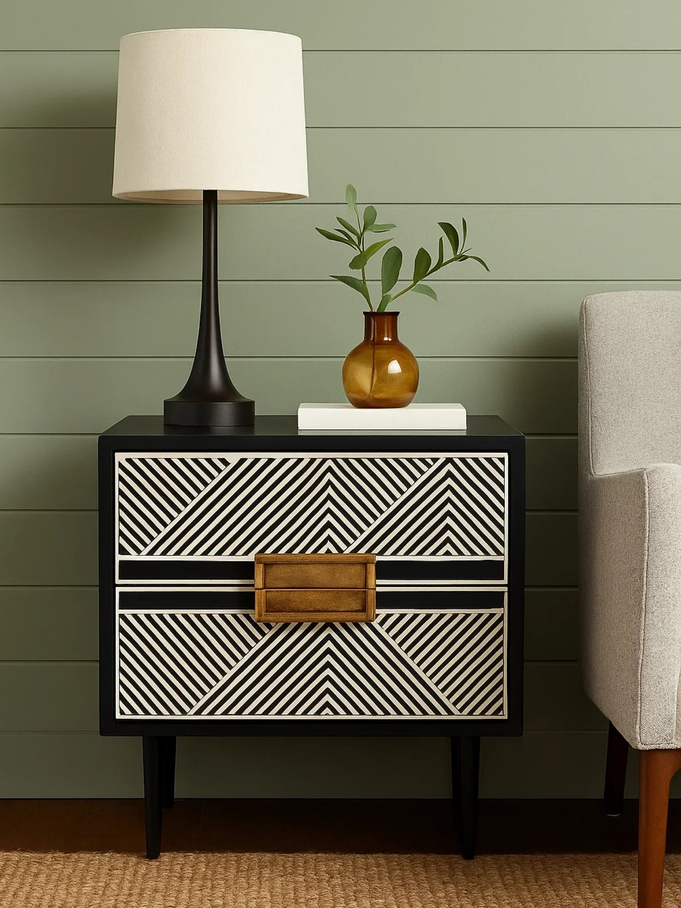Inlay Tribal Bedside Table with Legs - Chevron