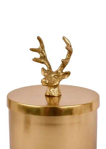 Metal Gold Jar With Reindeer Lid 6.7 inches tall