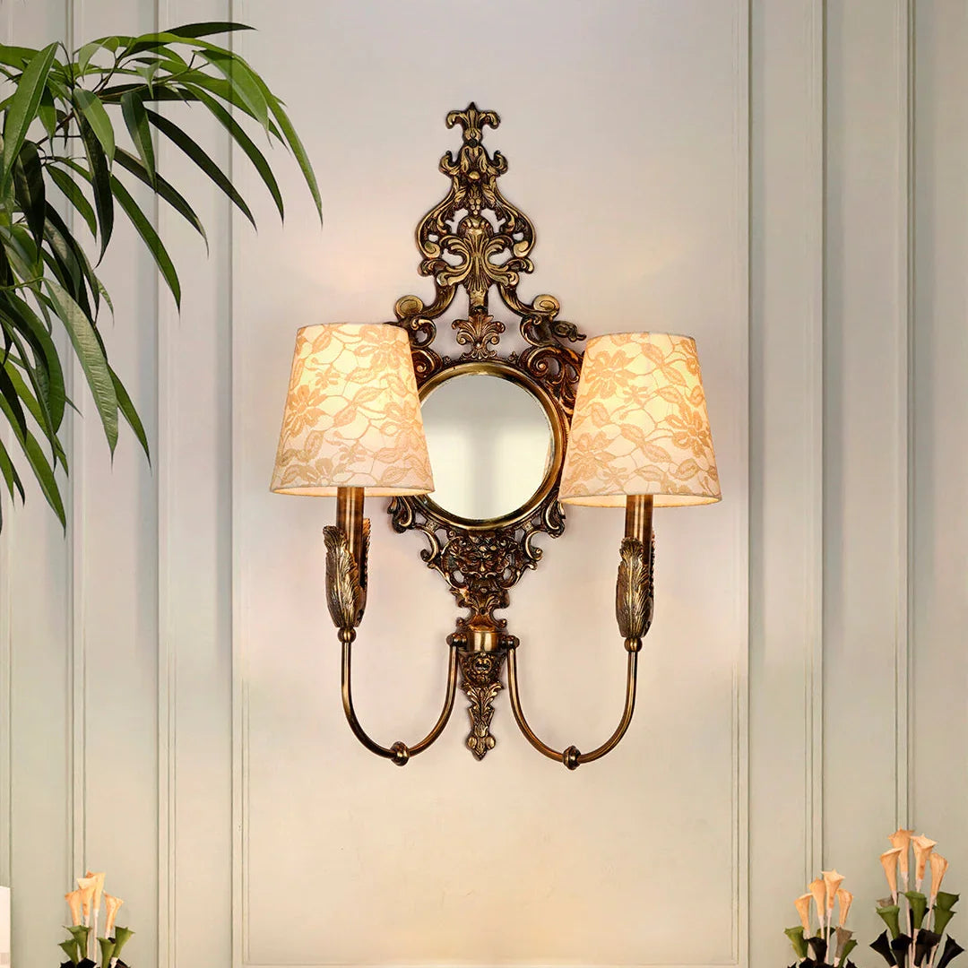 Opulent Antique Brass Wall Lamp with Mirror and Lace Shades