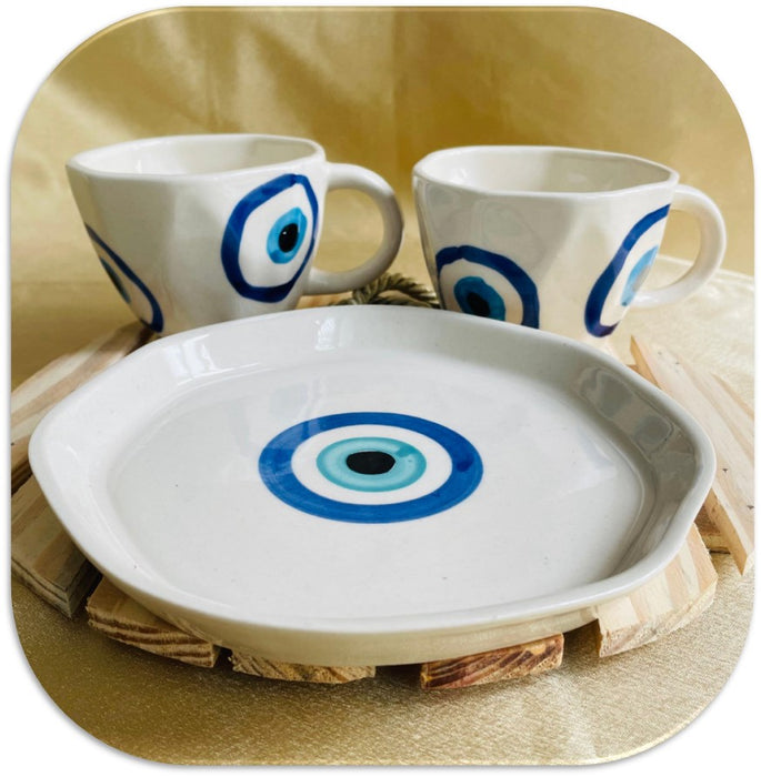 Evil Eye Serving Platter for Snacks | Stylish Ceramics Tea Cups Set