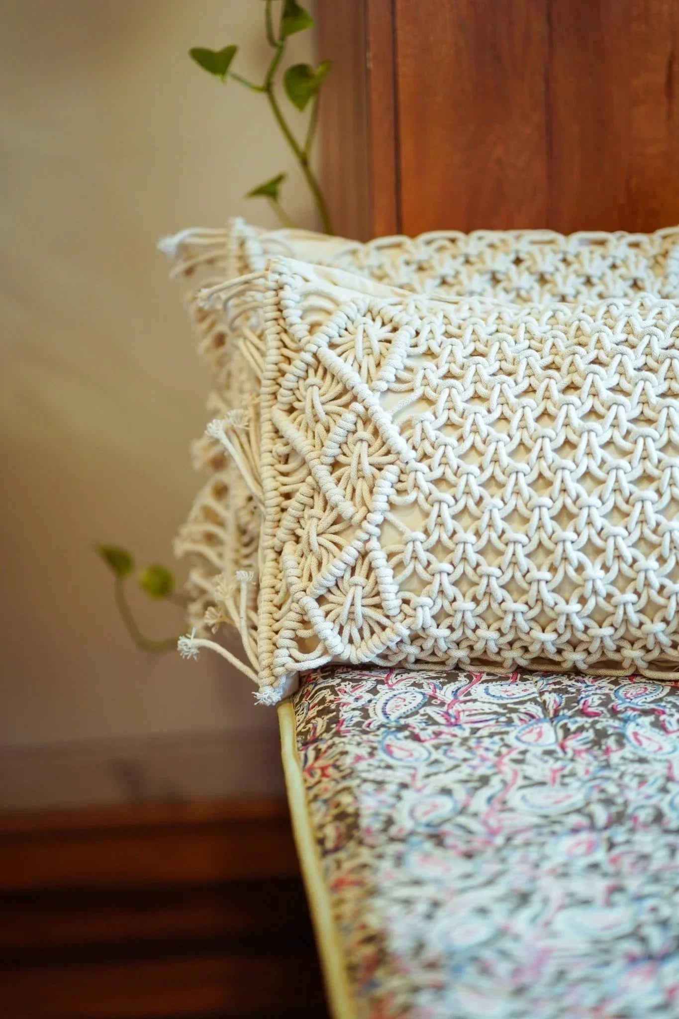 Hand-Knotted Macrame Cushion Covers | Soft Cotton Throw Pillow Covers for Sofa ( Set of 2 )