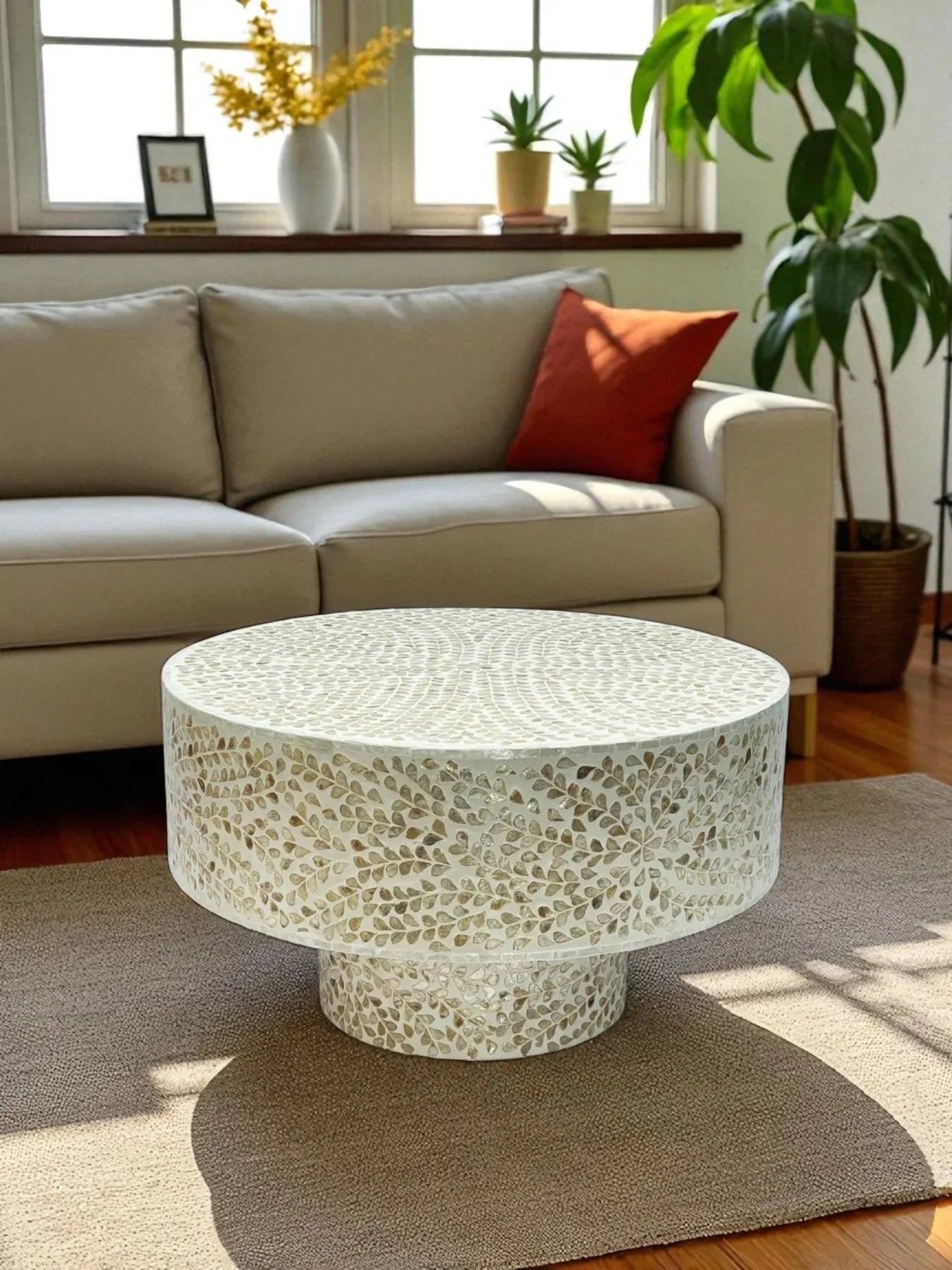 Mother of Pearl Round White Coffee Table
