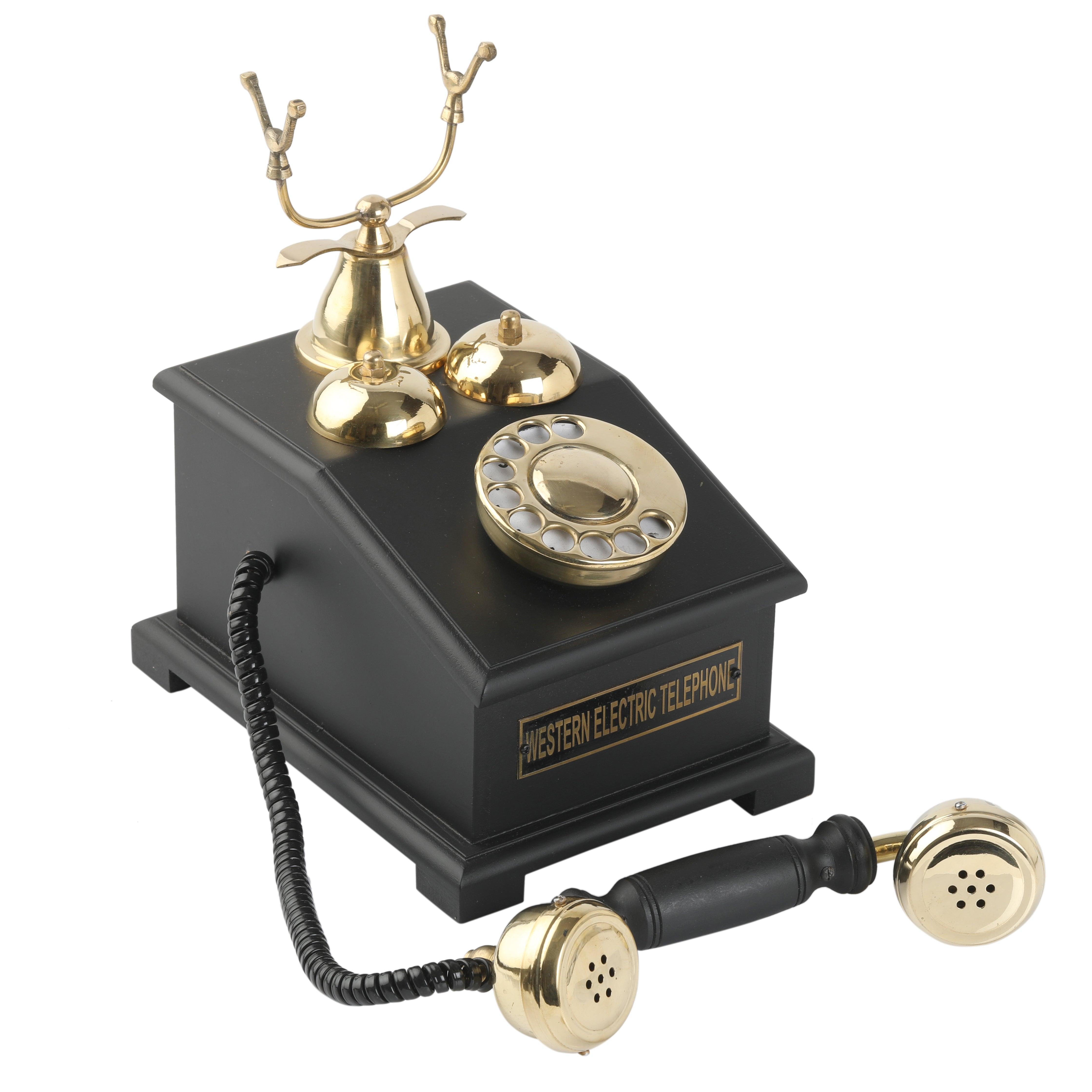 Home Decorative Antique Phone Replica - Handmade Brass and Wood Retro Style