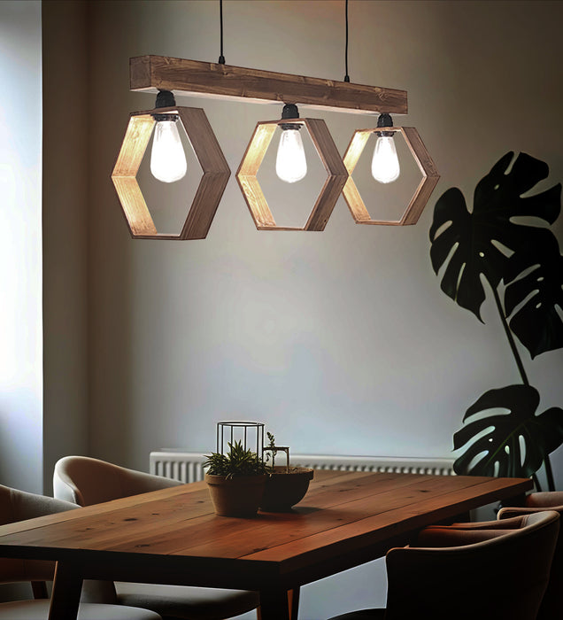 Hexagram Brown Wooden 3 Series Hanging Lamp