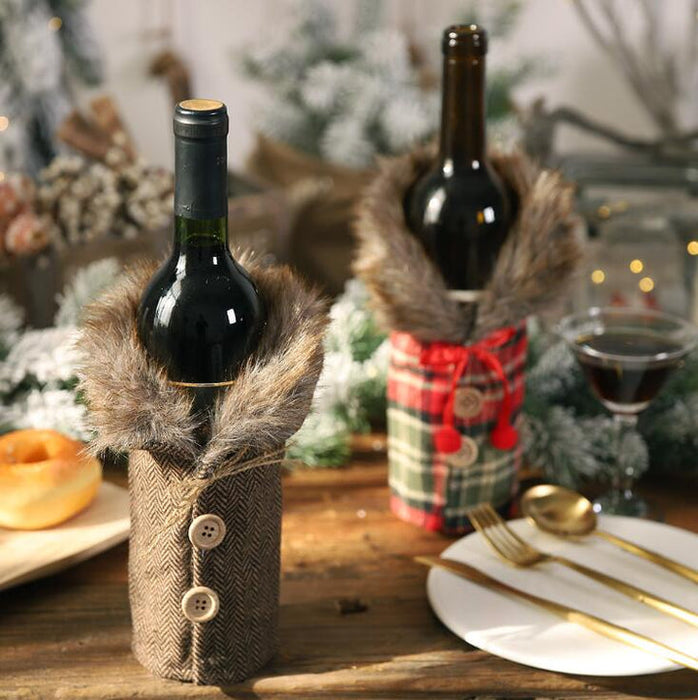 Christmas Fur Wine Bottle Cover | Xmas Fur Bottle Wrapping Pouch